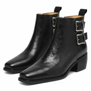 Bottines femme noires fourrées à double boucle en cuir tendance