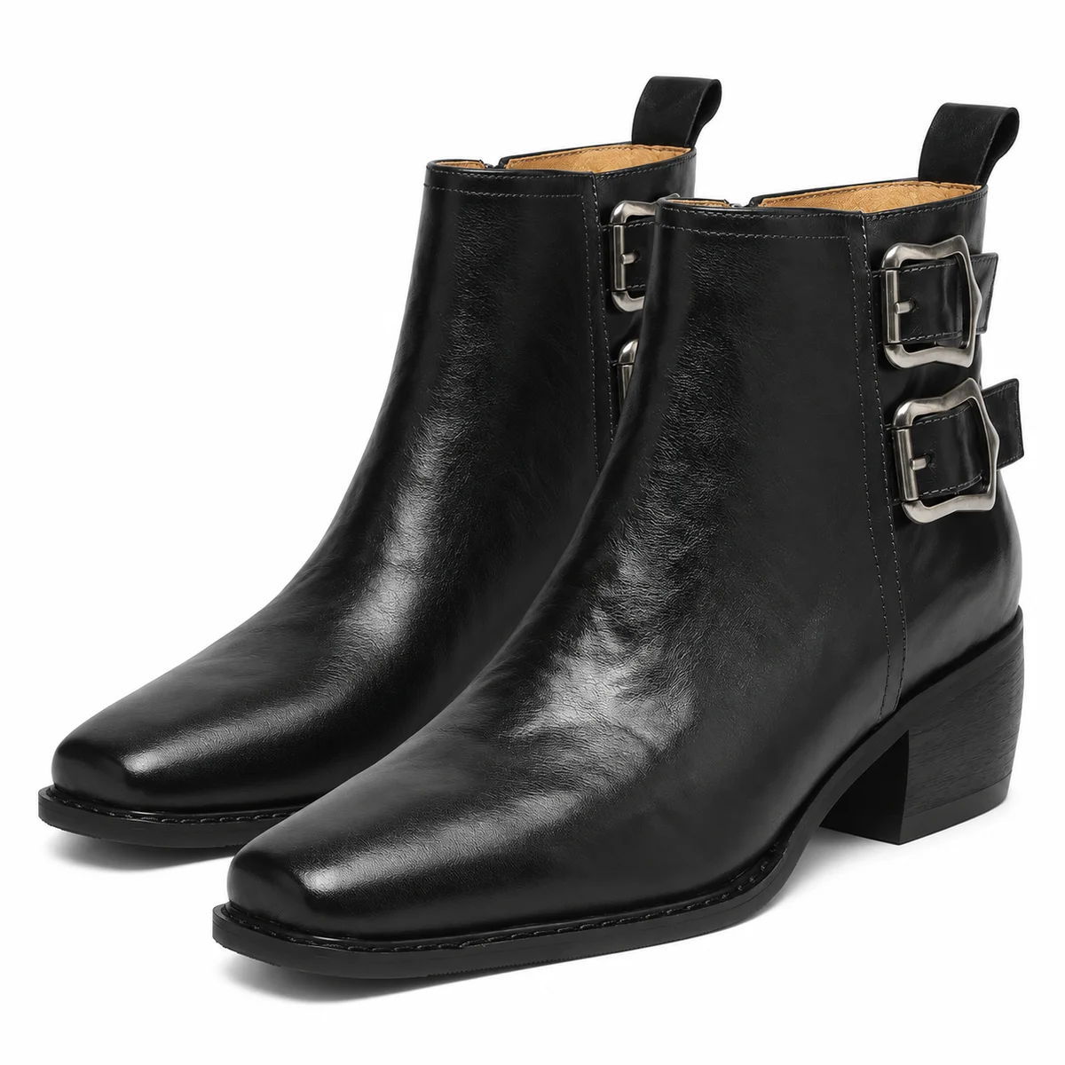 Bottines femme noires fourrées à double boucle en cuir tendance
