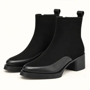 Bottines femme noires fourrées à empiècement lisse et talon carré — vue principale