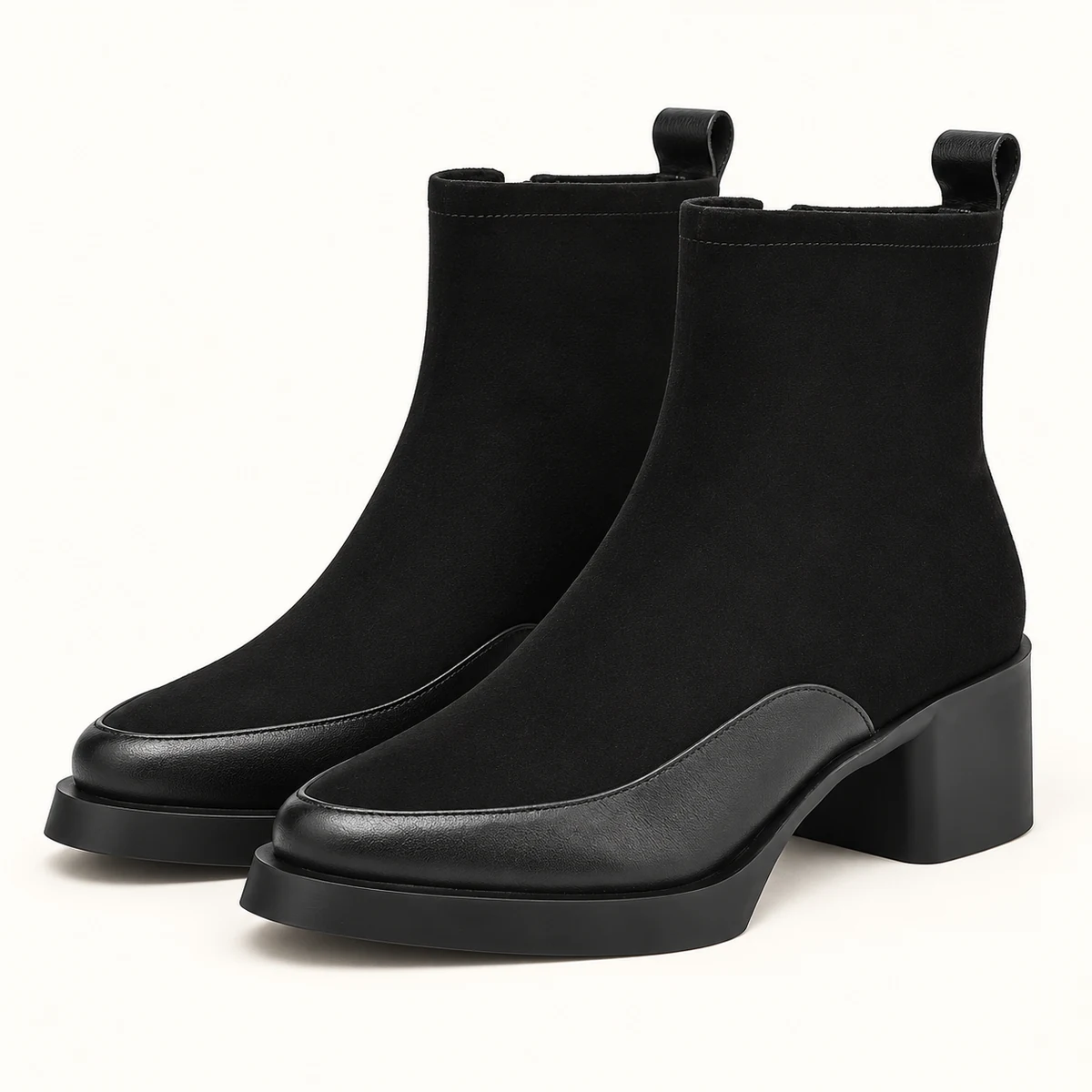 Bottines femme noires fourrées à empiècement lisse et talon carré — vue principale