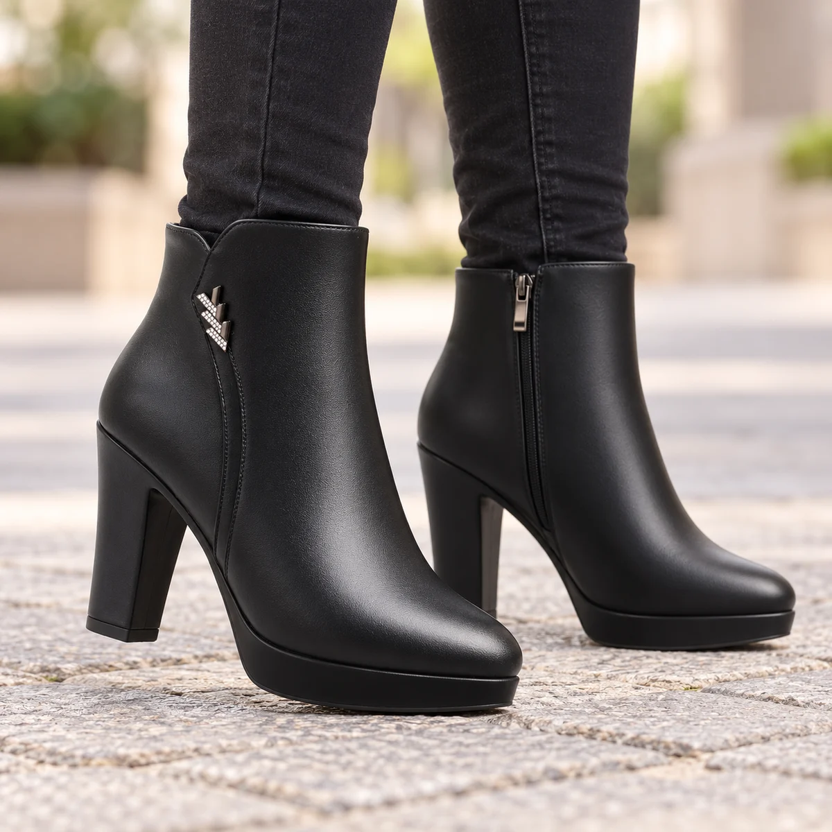 Femme portant des bottines noires fourrées à haut talon carré stylées