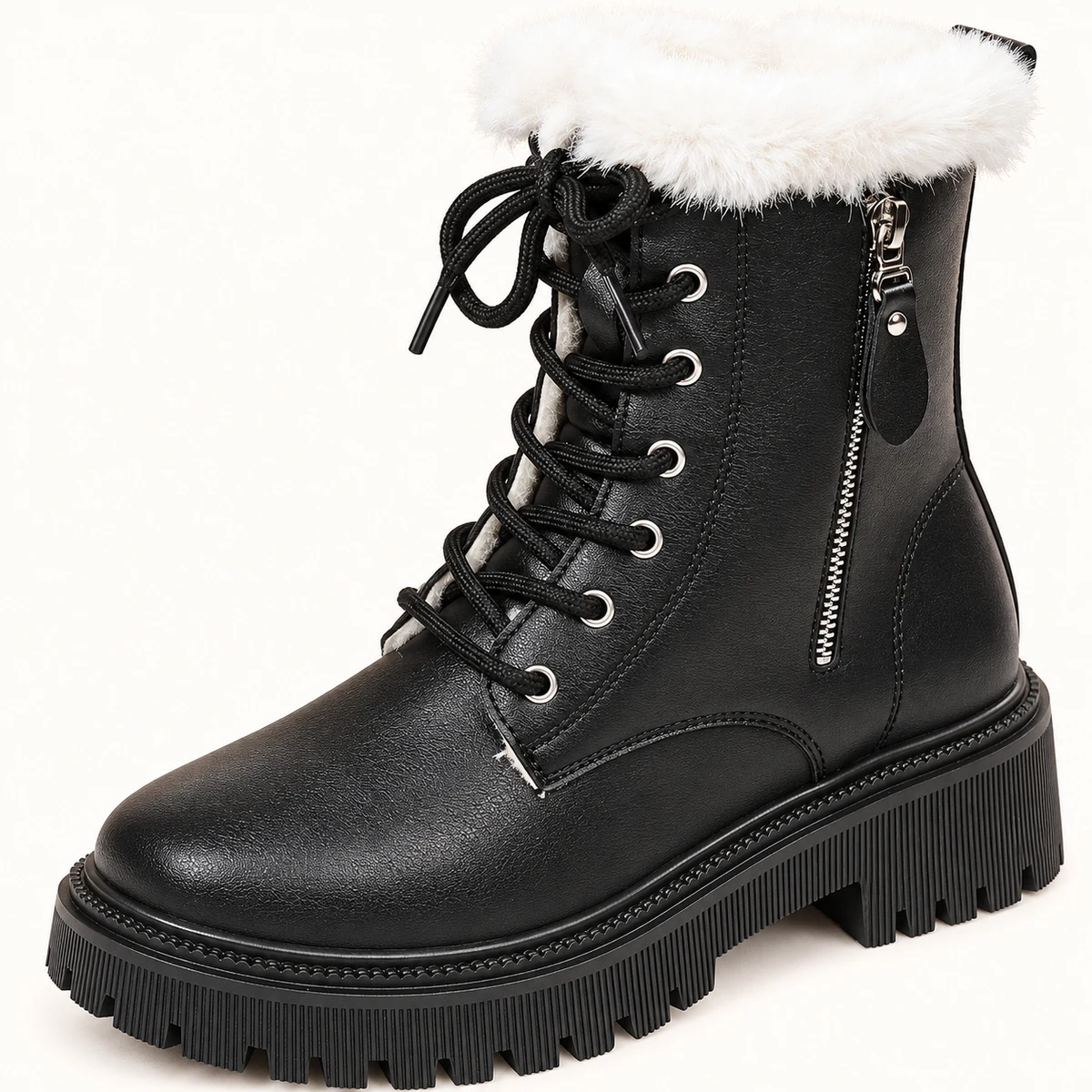 Chaussures femme fourrées à lacets noires avec col blanc mode et chaleur