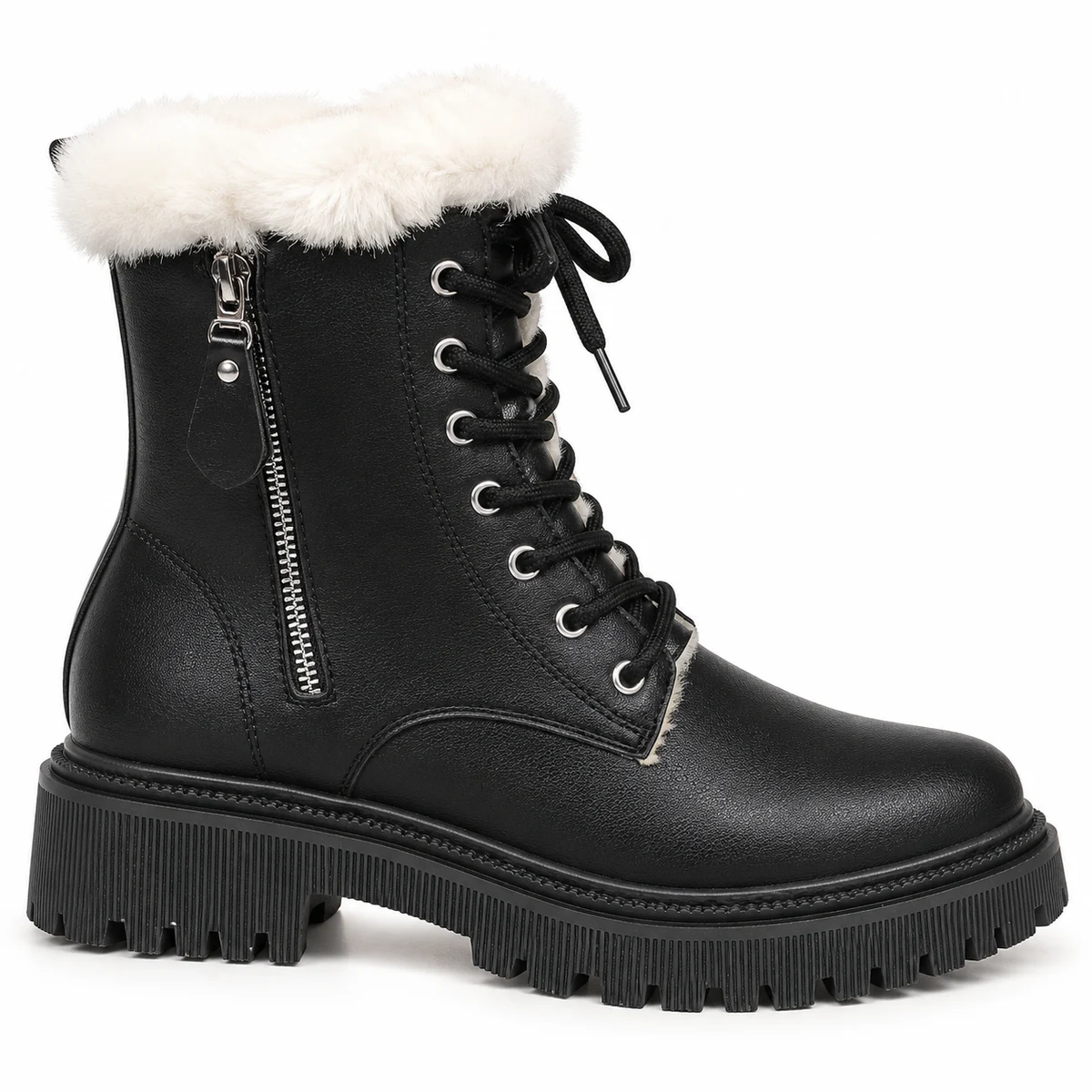 Bottines noires à lacets tendance pour femme avec col blanc chaud