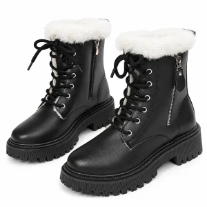 Bottines femme noires fourrées à lacets avec col blanc élégantes