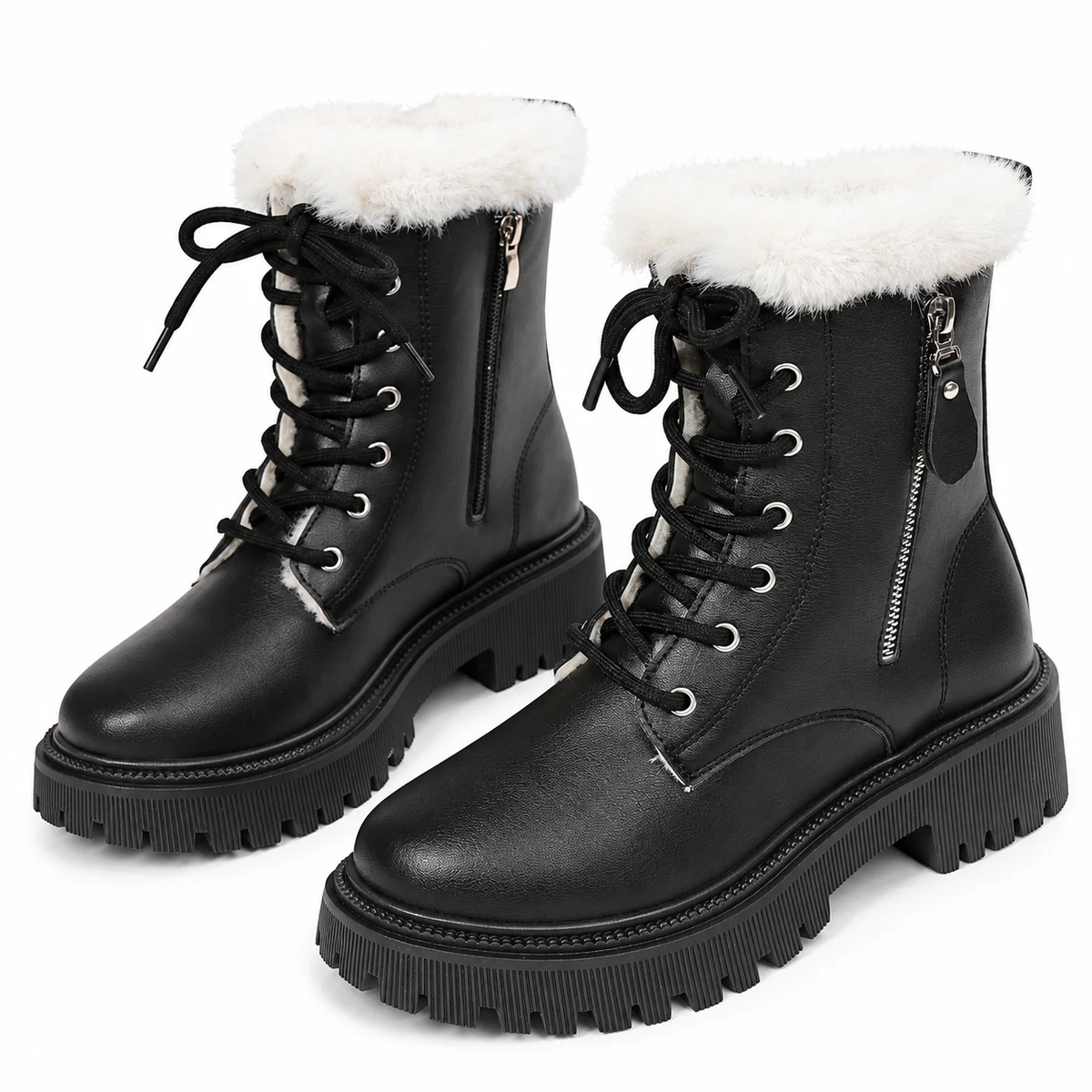 Bottines femme noires fourrées à lacets avec col blanc élégantes