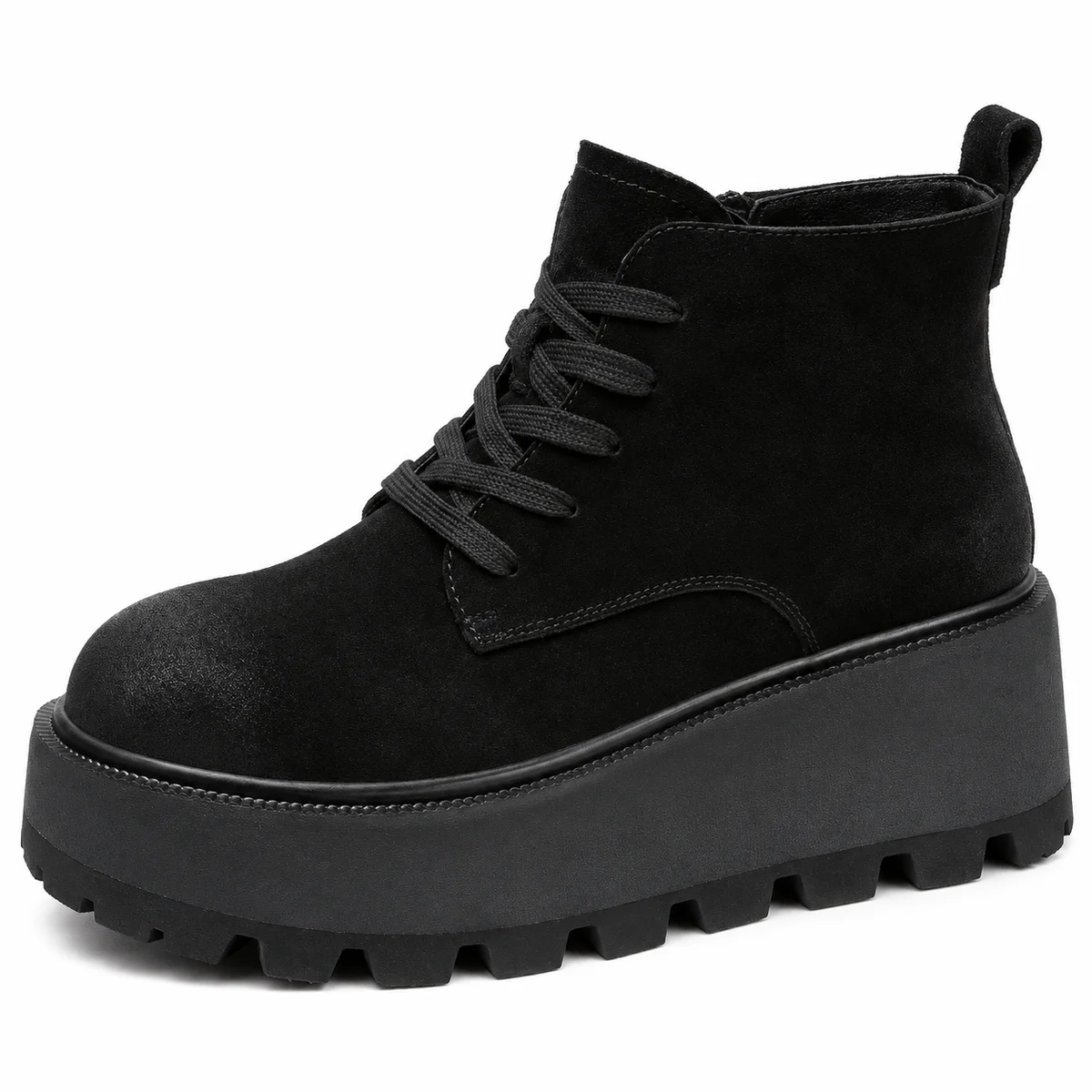Bottines fourrées à lacets noires pour femmes avec plateforme crantée mode hiver