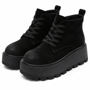 Bottines noires femmes fourrées avec lacets et plateforme crantée élégantes