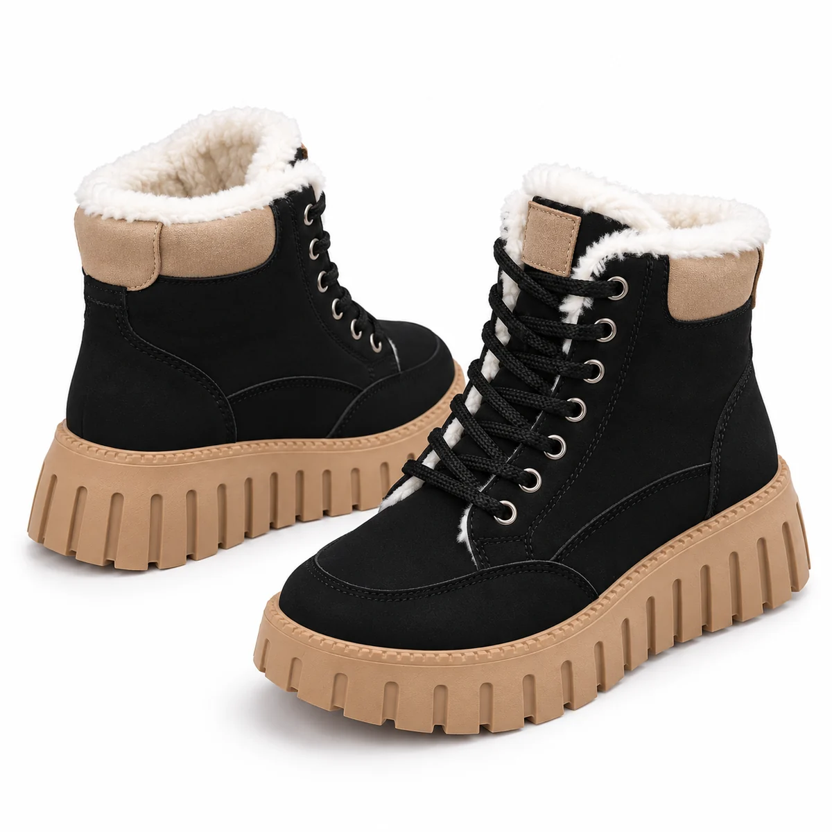 Chaussures femme élégantes noires fourrées avec semelle camel confortables