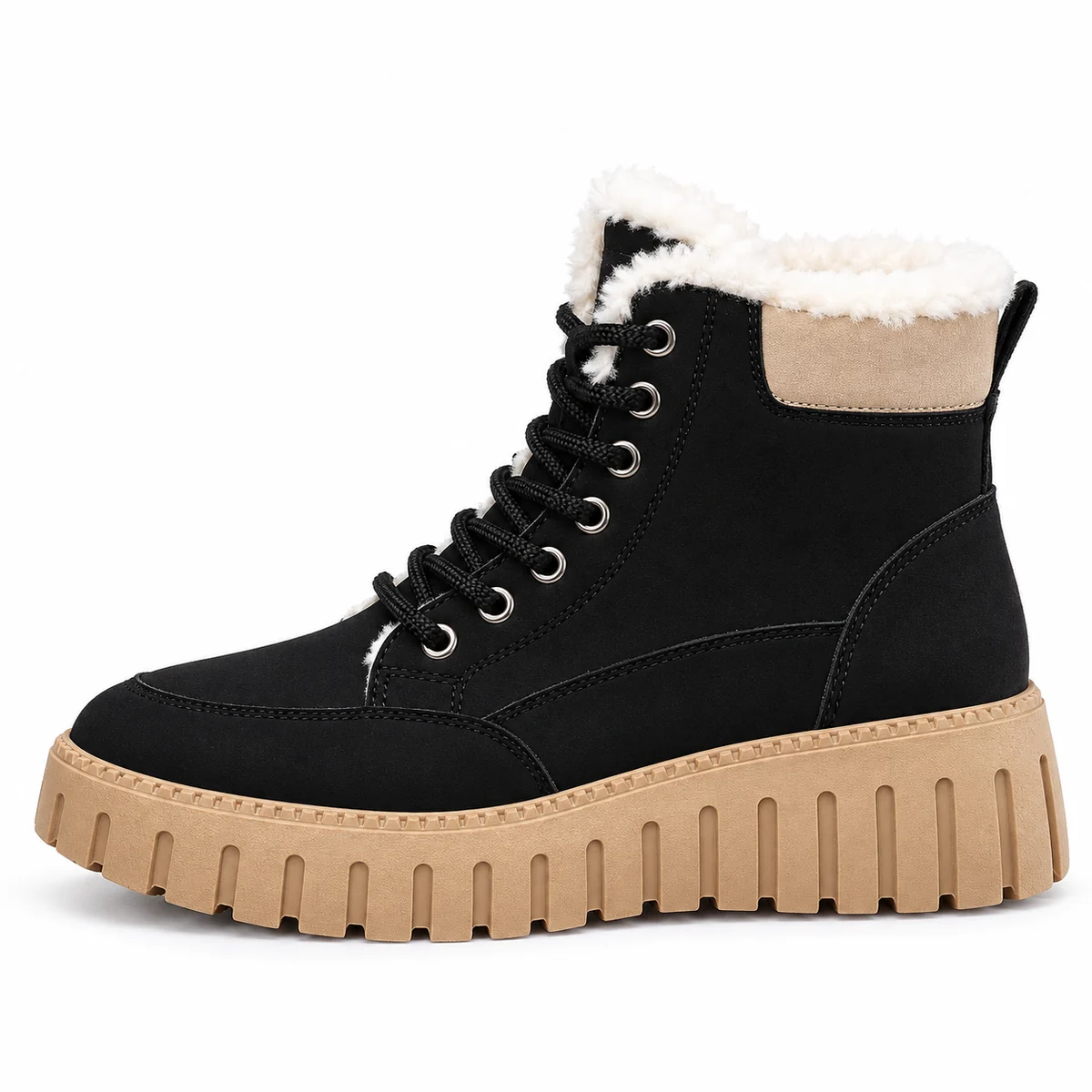 Bottines à lacets pour femme en cuir noir avec semelle camel, mode hivernale