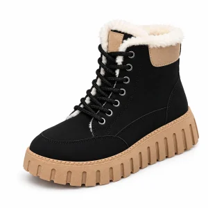 Bottines femme noires fourrées à lacets avec semelle camel pour hiver élégantes