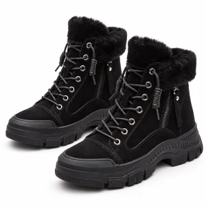Bottines femme noires fourrées à lacets et zip pour hiver