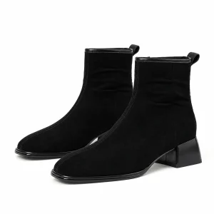 Bottines noires femme fourrées à petit talon carré pour hiver