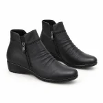 Bottines femme noires fourrées avec plis décoratifs pour hiver