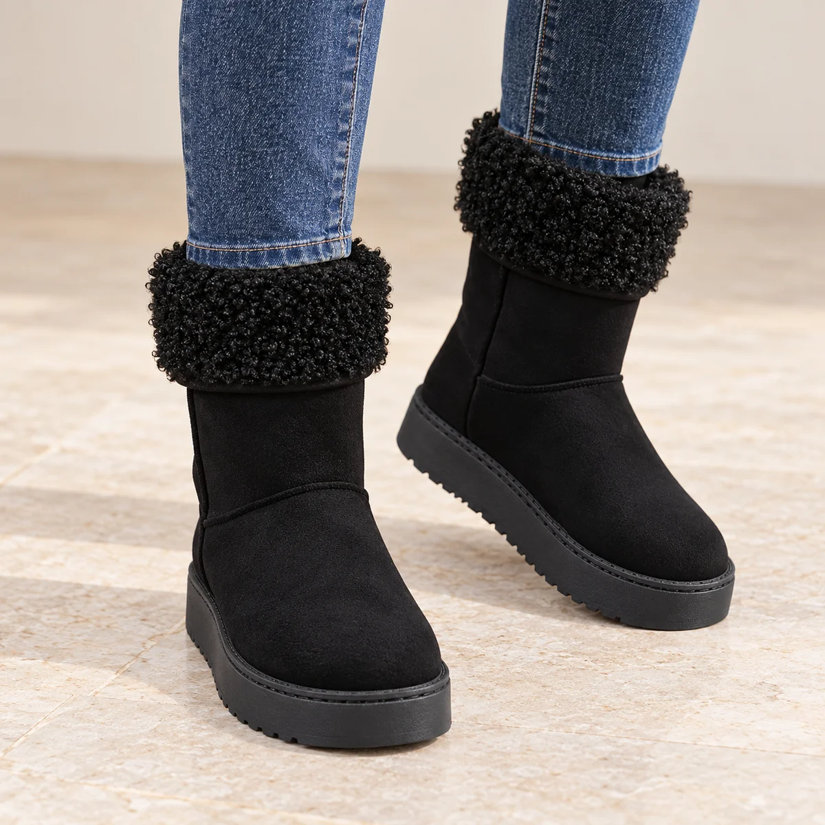Chaussures féminines noires avec revers bouclé pour hiver