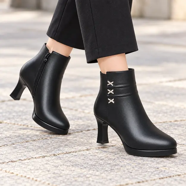 bottines femme noires fourrees a talon aiguille 7 cm portees en marchant avec un pantalon sombre 45065