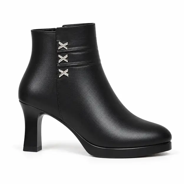 bottines femme noires fourrees a talon aiguille 7 cm vue de profil sur fond blanc 45065