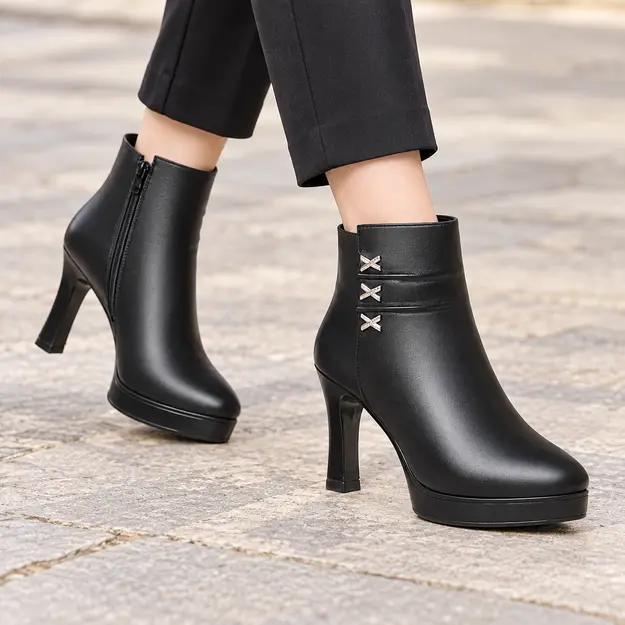 bottines femme noires fourrees a talon aiguille 9 cm portees en marchant avec un pantalon sombre 45067