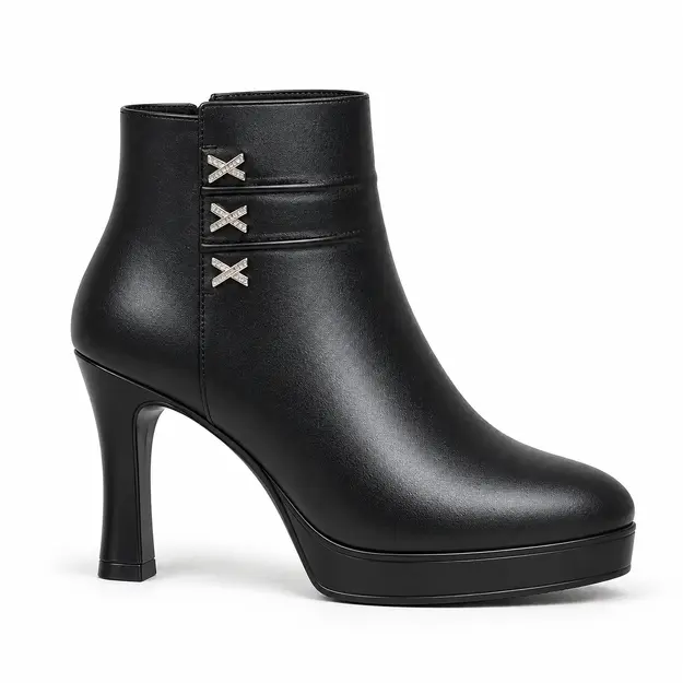 bottines femme noires fourrees a talon aiguille 9 cm vue de profil sur fond blanc 45067