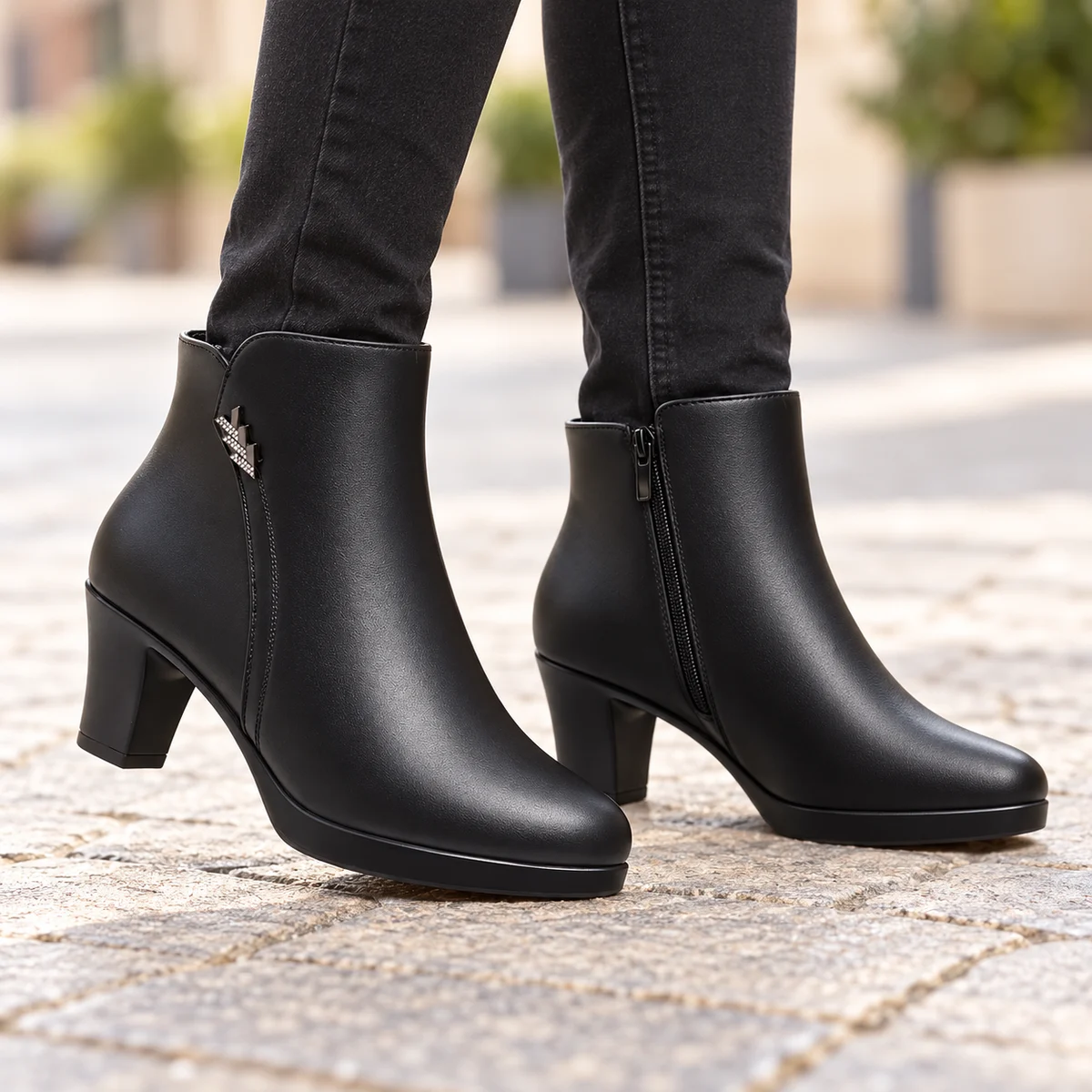 Chaussures femme noires fourrées avec talon épais pour rester au chaud