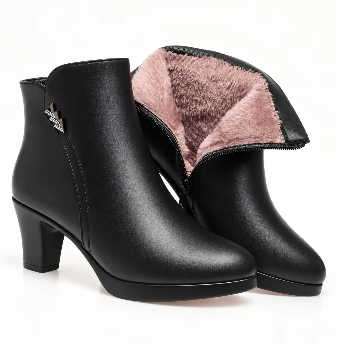 Bottines femme noires fourrées à talon bloc élégantes pour l'hiver