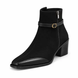 bottines femme noires fourrees a talon carre vue de trois quarts sur fond blanc 45059
