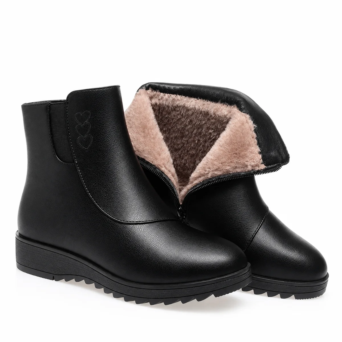 bottines femme noires fourrees a zip et semelle basse crantee vue principale