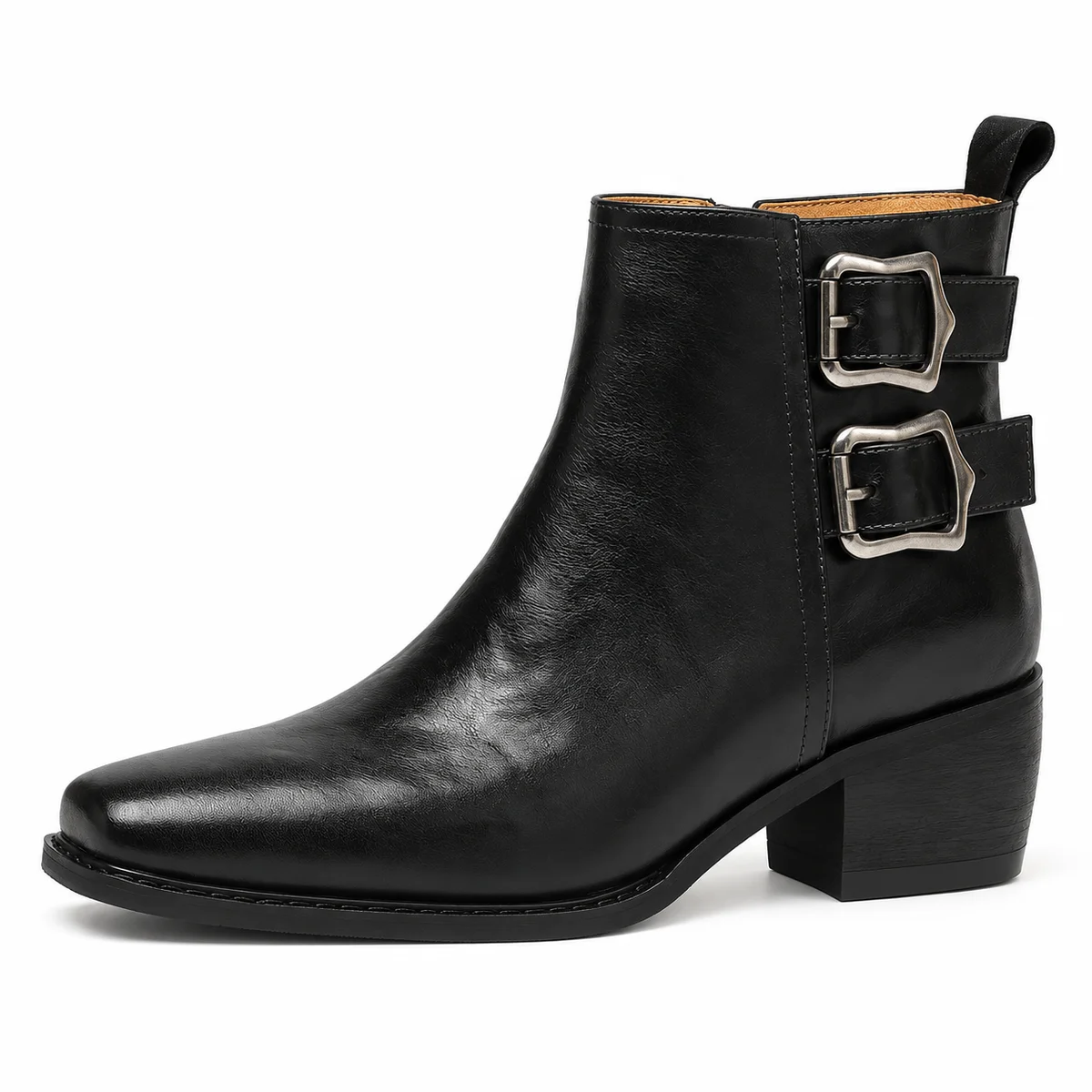 Bottines femmes en finition lisse noires avec double boucle décorative