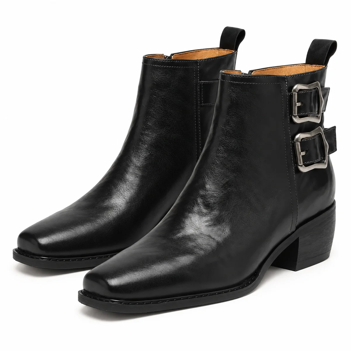 Bottines femmes noires lisses avec deux boucles élégantes