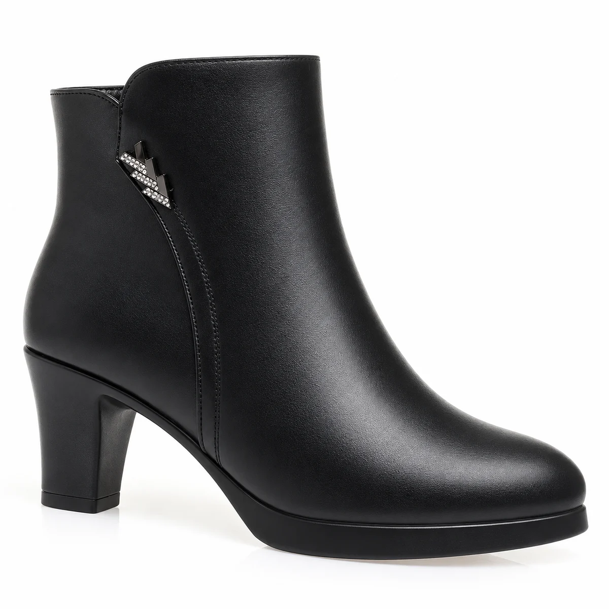 Bottines lisses noires pour femmes avec fermeture éclair et talon carré