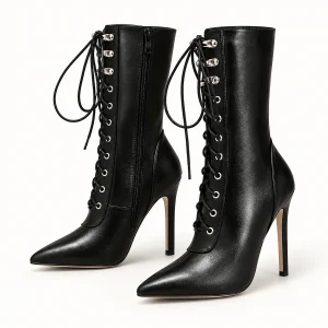 Bottines femme noires à talon aiguille et lacets élégantes