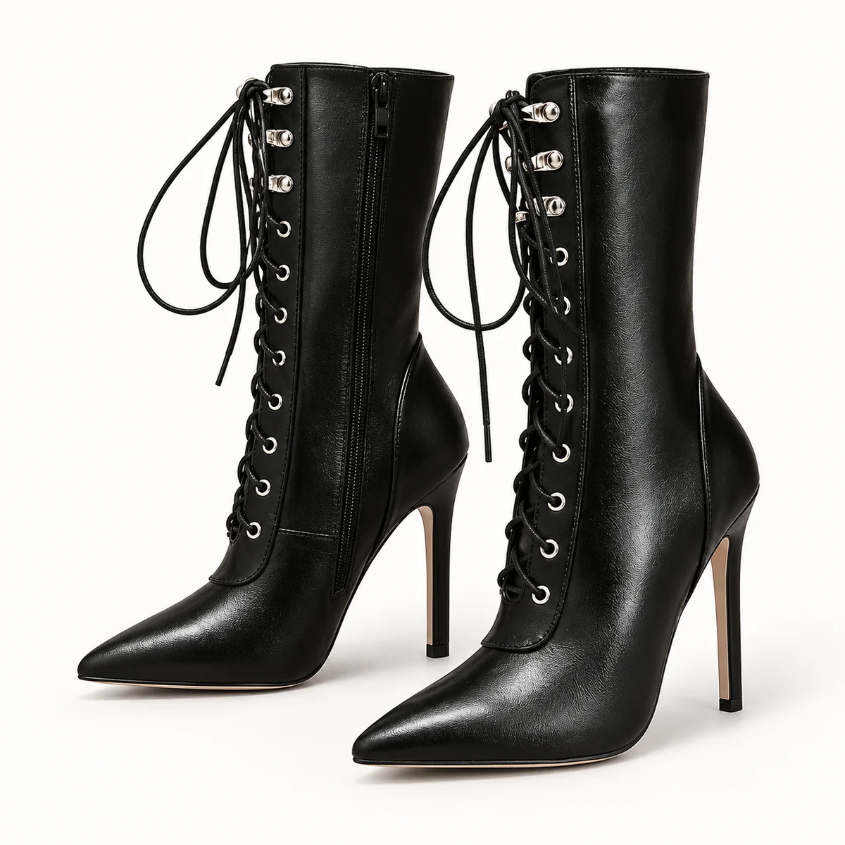Bottines femme noires à talon aiguille et lacets élégantes