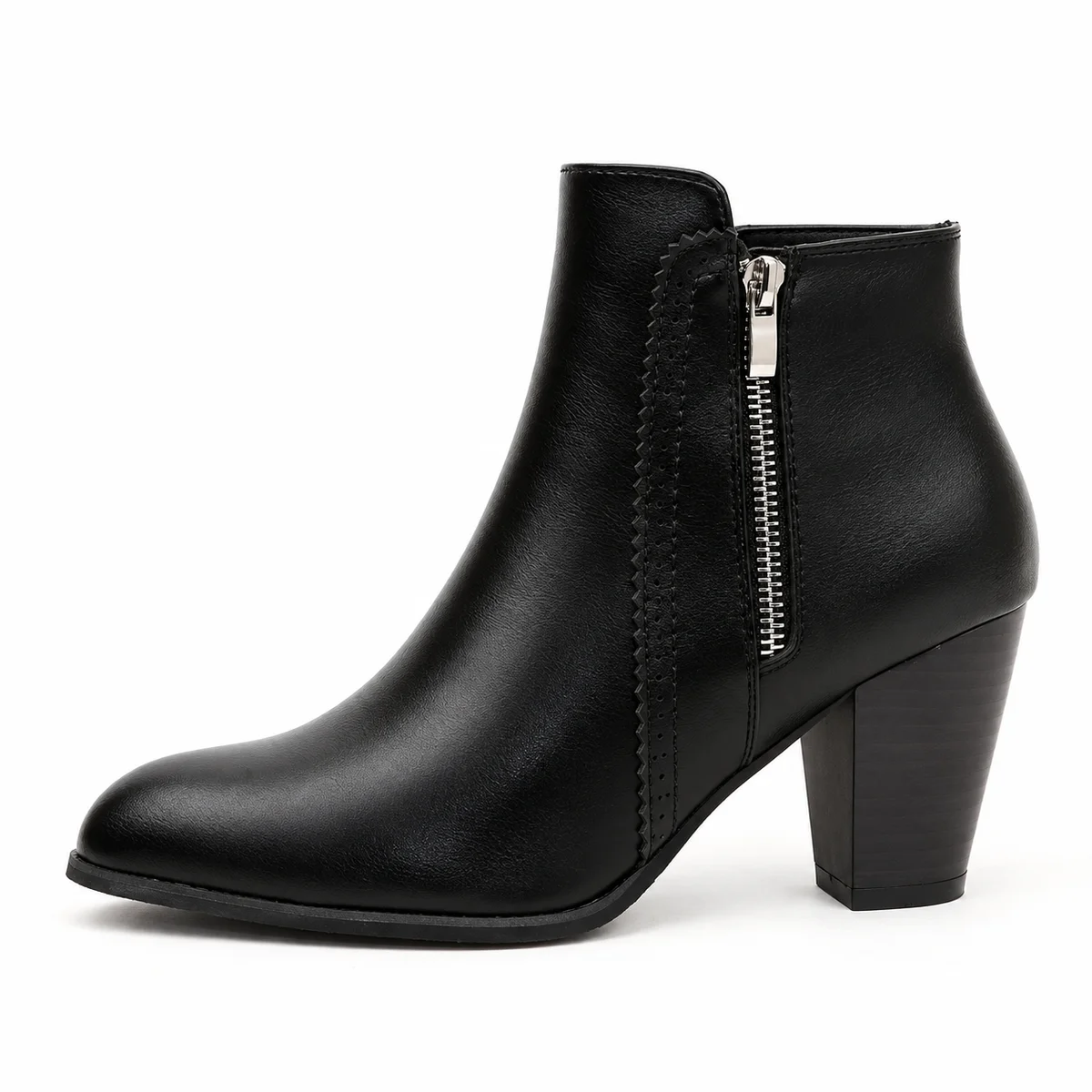 Bottines à talon carré pour femmes en cuir noir avec fermeture éclair
