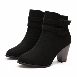 Bottines femme noires rétro à brides et talon carré en cuir élégant