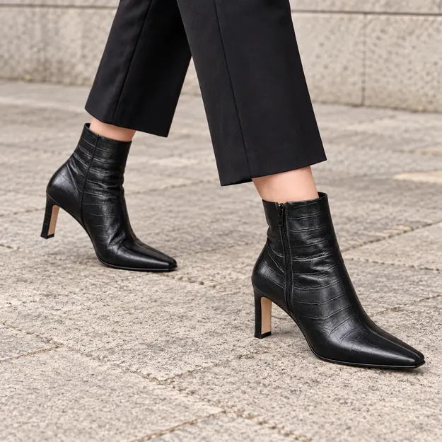 bottines femme noires texturees a talon fin portees en marchant avec un pantalon sombre 45056