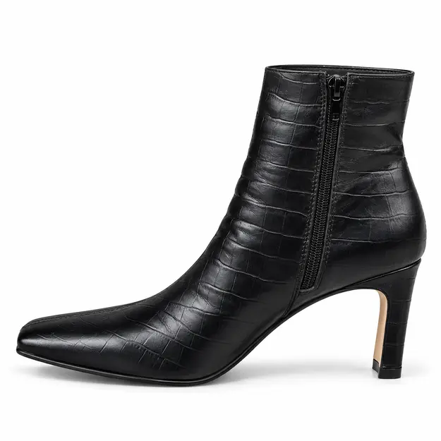bottines femme noires texturees a talon fin vue de profil sur fond blanc 45056