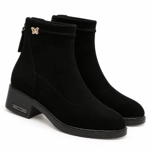 Bottines femme noires veloutées avec petit papillon en détail