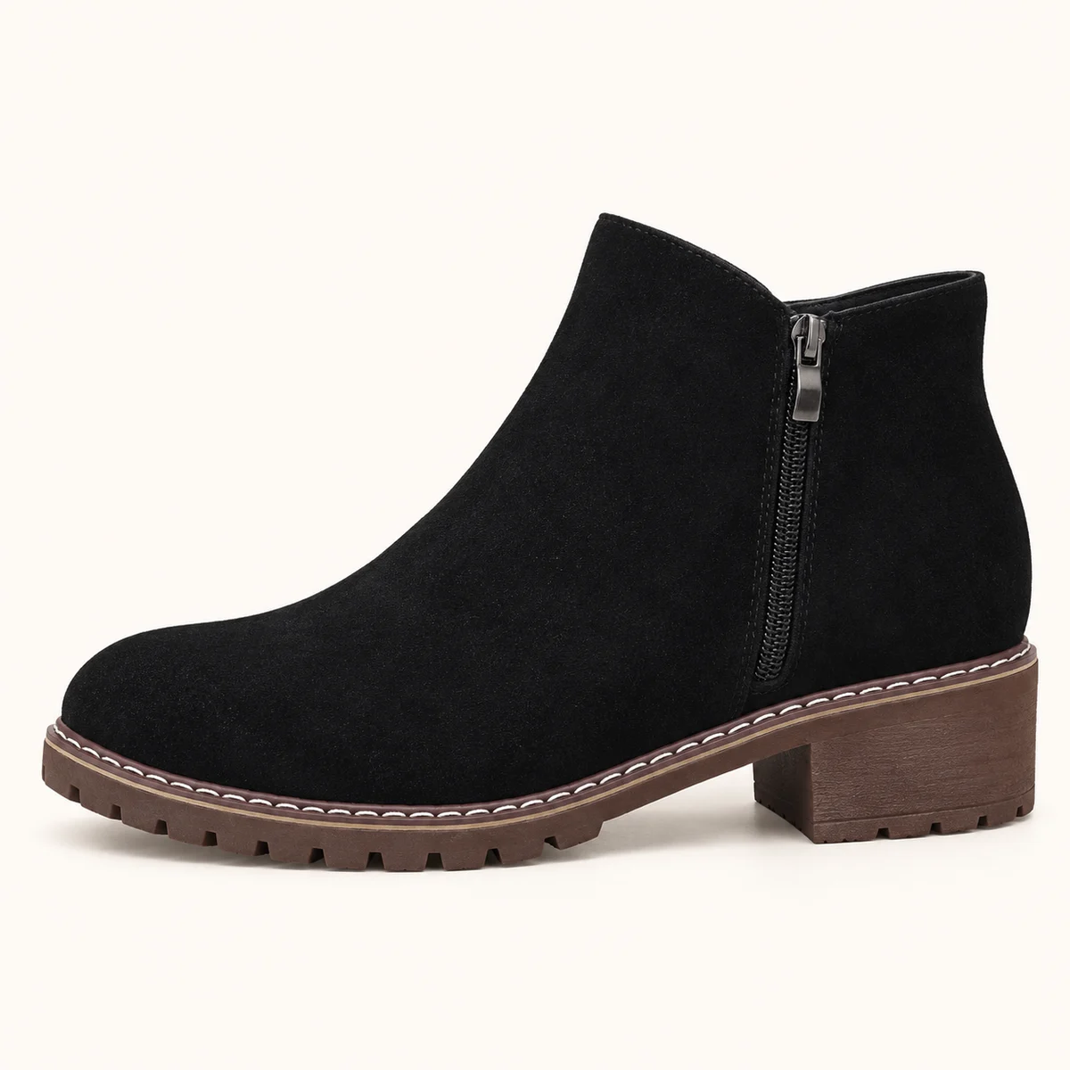 bottines femme noires veloutees a zip et semelle bordee de surpiqures vue de profil