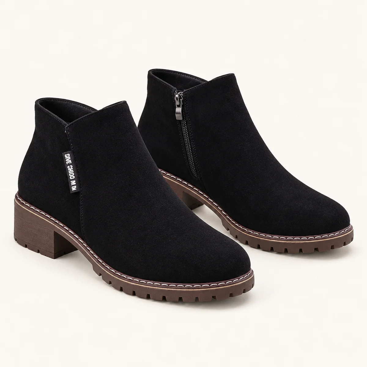 bottines femme noires veloutees a zip et semelle bordee de surpiqures vue principale