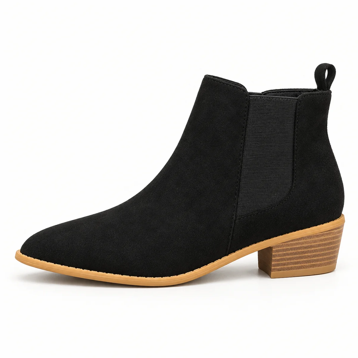 Vue de face de bottines femme noires veloutées à zip et semelle claire tendance