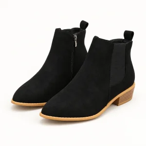 Bottines femme noires veloutées avec fermeture éclair et semelle claire pour un style élégant