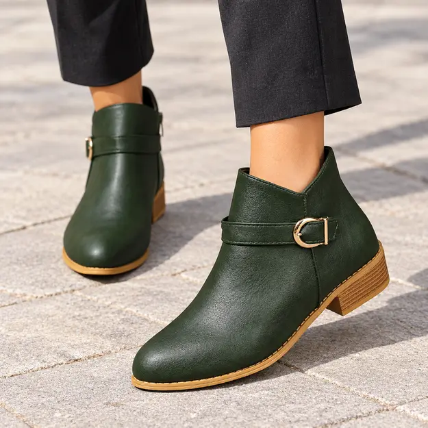 Détail de la boucle sur bottines femme vertes à talon pointu