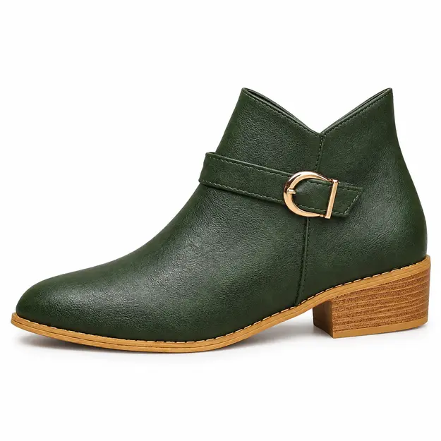 Vue latérale des bottines à boucle vertes à talon pour femme