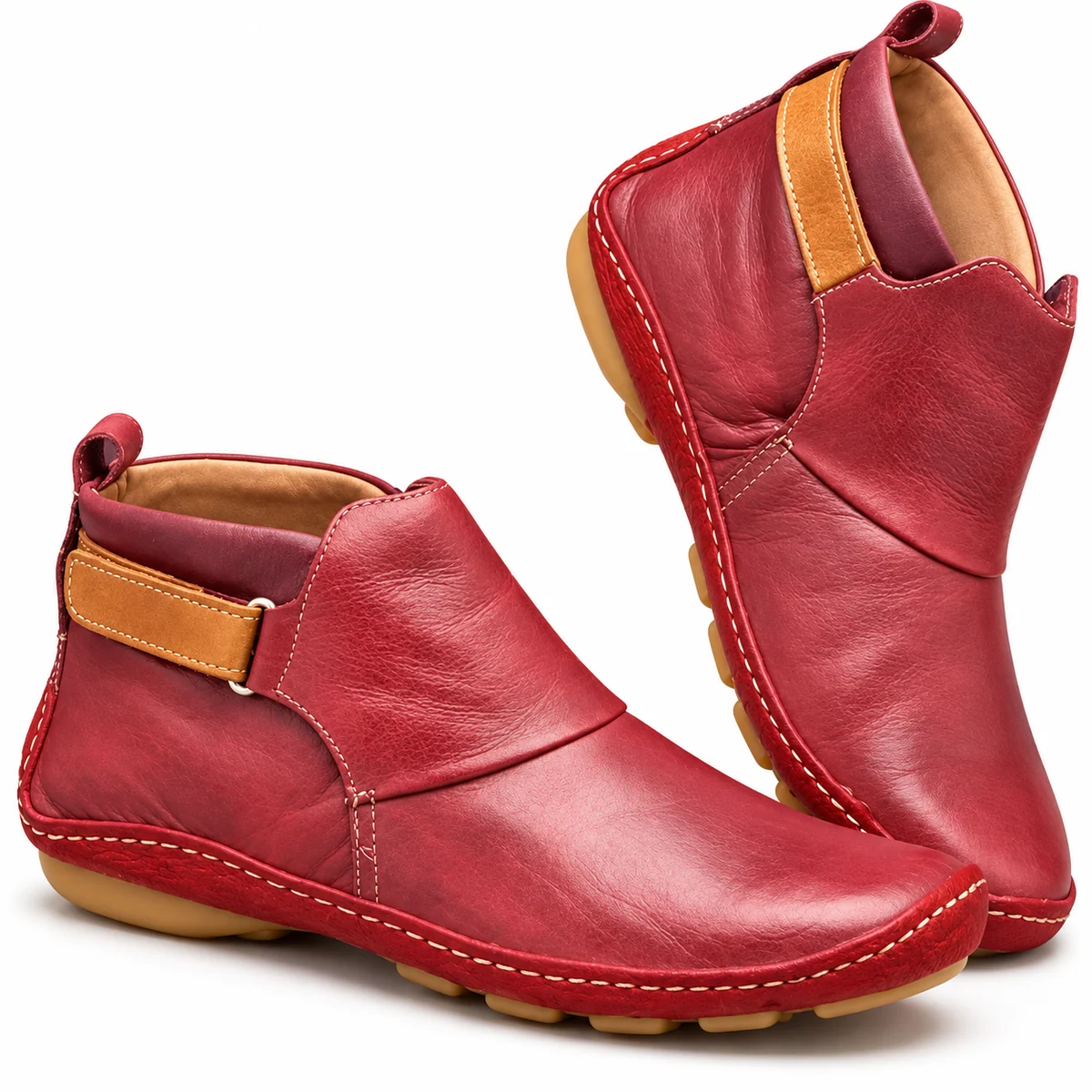 Mode femme chaussures rouges à enfiler avec finition camel