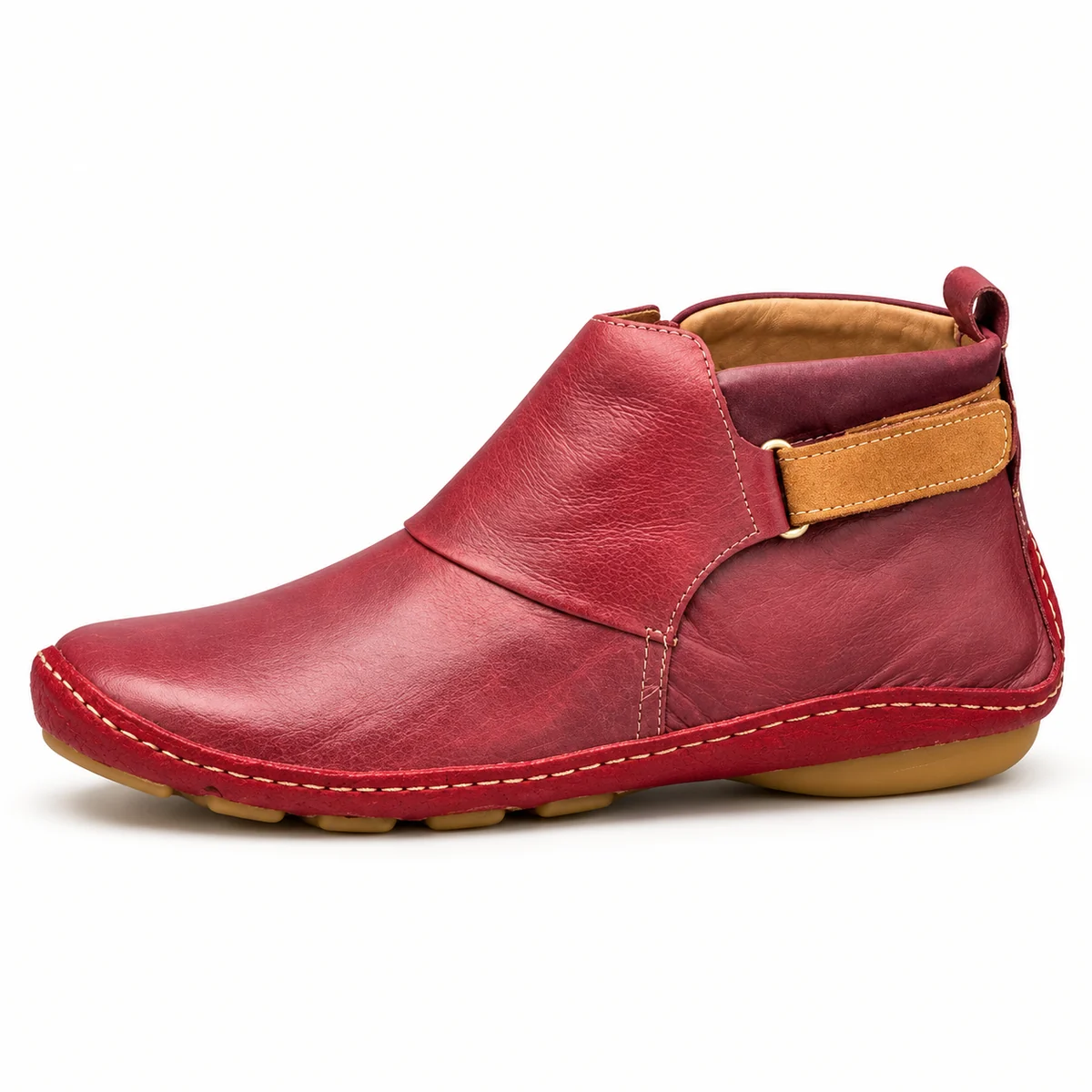 Bottines élégantes pour femme en cuir rouge et détails camel