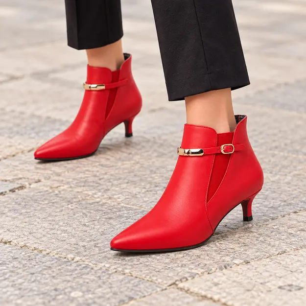 bottines femme rouges pointues a petit talon portees en marchant avec un pantalon sombre 45060