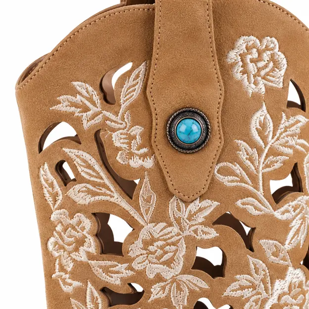 bottines femme santiag brodees a talon marron detail des broderies et de la pierre turquoise 45092