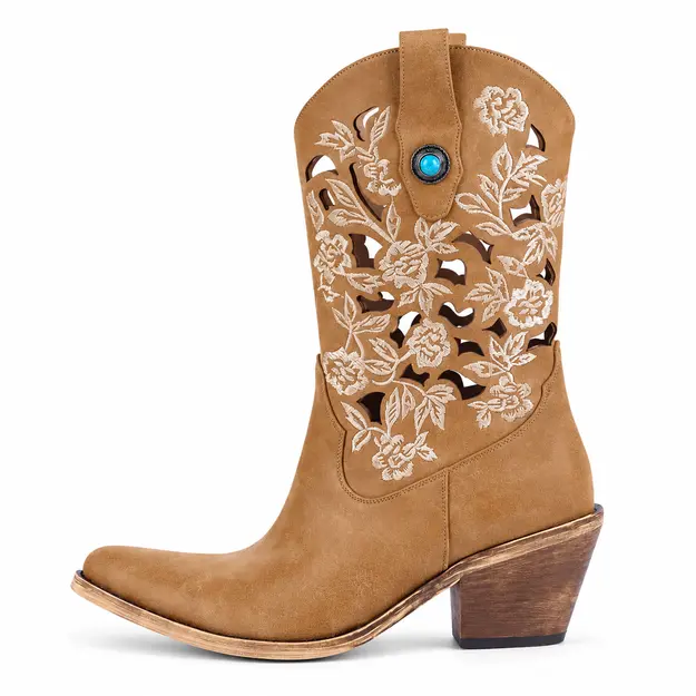 bottines femme santiag brodees a talon marron vue de profil sur fond blanc 45092