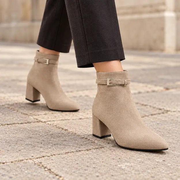 bottines femme taupe clair pointues a talon carre portees en marchant avec un pantalon sombre 45062