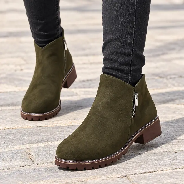 bottines femme vertes a zip et finition mate portees en marchant avec un pantalon sombre 44740