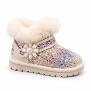 Bottines pour fille en sequins brillants avec col pelucheux douce